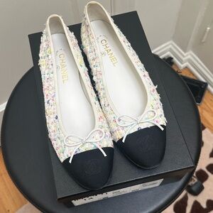 Chanel Tweed Ballet Flats with Black Cap Toe